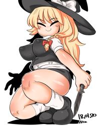 Rule 34 | 1girl, black footwear, black hat, black skirt, black vest, blonde hair, blush, bow, braid, breasts, closed eyes, combat knife, commentary request, cookie (touhou), covered erect nipples, dated, full body, hair bow, hat, highres, holding, holding knife, impossible clothes, impossible shirt, kirisame marisa, kneeling, knife, large breasts, long hair, miniskirt, shirt, shoes, short sleeves, side braid, simple background, single braid, skirt, smile, socks, solo, star (symbol), suzu (cookie), tetugakuzonbi, thighs, touhou, vest, weapon, white background, white shirt, white socks, witch hat