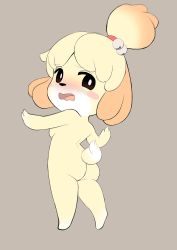 Rule 34 | 1girl, animal crossing, animal ears, ass, barefoot, bell, black eyes, blonde hair, blush, blush stickers, breasts, brown background, dog ears, dog girl, dog tail, embarrassed, female focus, from behind, full body, furry, furry female, hair bell, hair ornament, hair tie, hands up, highres, isabelle (animal crossing), jingle bell, jpeg artifacts, kantora sanmou, looking back, looking to the side, nintendo, nose blush, nude, open mouth, short hair, simple background, small breasts, solo, standing, tail, topknot