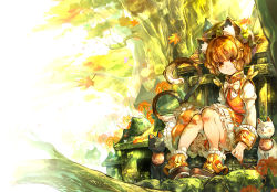 Rule 34 | 1girl, animal ears, autumn, bad id, bad pixiv id, brown hair, cat, cat ears, cat tail, chen, earrings, hat, highres, im (badmasa), jewelry, leaf, looking at viewer, maple leaf, multiple tails, nekomata, red eyes, short hair, sitting, skirt, smile, solo, tail, touhou, tree, two tails
