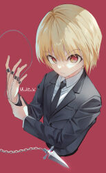 Rule 34 | 1boy, 200f (nifu), absurdres, androgynous, black jacket, black necktie, black suit, blonde hair, closed mouth, collared shirt, cropped torso, expressionless, formal, hand on own wrist, hands up, highres, hunter x hunter, jacket, jewelry, kunai, kurapika, long sleeves, looking at viewer, male focus, multiple rings, necktie, red background, red eyes, ring, shirt, short hair, simple background, solo, suit, upper body, weapon, white shirt