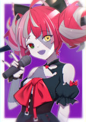 Rule 34 | 1girl, :d, bandaged arm, bandages, bare shoulders, black bow, black dress, black nails, bow, commentary, double bun, dress, fangs, fingernails, grey hair, hair bow, hair bun, hand up, highres, holding, holding microphone, hololive, hololive indonesia, kureiji ollie, long fingernails, looking at viewer, m/, microphone, multicolored hair, nail polish, open mouth, pink hair, puffy short sleeves, puffy sleeves, purple background, red bow, red hair, sharp fingernails, short sleeves, smile, solo, stitched arm, stitched face, stitched torso, stitches, symbol-only commentary, teeth, torn clothes, torn dress, two-tone background, two-tone hair, uneg, upper teeth only, virtual youtuber, white background