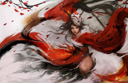 Rule 34 | 1girl, akali, alternate costume, antlers, blood moon akali, chinese clothes, commentary, dual wielding, eyeliner, flat chest, hair ribbon, high ponytail, holding, horns, kama (weapon), league of legends, lips, long hair, looking at viewer, makeup, mask, mask on head, messy hair, muju, nose, realistic, ribbon, sickle, solo, very long hair, weapon, wide sleeves, yellow eyes