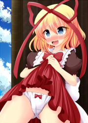 Rule 34 | 1girl, bad id, bad pixiv id, blonde hair, blue eyes, blush, bow, clothes lift, hair ribbon, medicine melancholy, nomikata, open mouth, panties, puffy sleeves, ribbon, short hair, short sleeves, skirt, skirt lift, sky, solo, tears, tongue, touhou, underwear, white panties