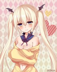 Rule 34 | 1girl, bad id, bad pixiv id, bare shoulders, blush, borrowed character, breasts, cleavage, crossed arms, detached collar, hair ornament, long hair, looking at viewer, navel, original, smile, solo, translation request, tsukikage nemu, twintails