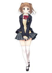 Rule 34 | 1girl, :o, absurdres, blazer, brown eyes, brown hair, cardigan, fingernails, full body, highres, jacket, kiss bell, long sleeves, looking at viewer, marui (koedame), mary janes, nagatsuda yumi, official art, plaid, plaid skirt, pleated skirt, school uniform, shoes, short hair, simple background, skirt, solo, thighhighs, two side up, v arms, white background, white thighhighs