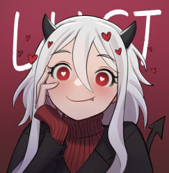 Rule 34 | 1girl, black horns, black suit, blush, demon girl, demon horns, demon tail, fang, fang out, head rest, heart, heart-shaped pupils, helltaker, highres, horns, lamuun art, long sleeves, looking at viewer, modeus (helltaker), red eyes, red sweater, shirt, short hair, sleeves past wrists, solo, suit, sweater, symbol-shaped pupils, tail, turtleneck, white hair