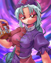 Rule 34 | 1girl, bottle, braid, brown eyes, dress, expressionless, female focus, hat, holding, long hair, looking at viewer, lowres, multicolored clothes, multicolored dress, nurse cap, nyagakiya, puffy short sleeves, puffy sleeves, purple sky, short sleeves, silver hair, single braid, sky, solo, touhou, upper body, very long hair, yagokoro eirin