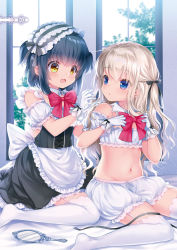 Rule 34 | 2girls, absurdres, apron, bare shoulders, bed sheet, black bow, black dress, black hair, black hairband, bloomers, blue eyes, blurry, blurry background, blush, bow, bra, bunching hair, collar, day, depth of field, detached collar, detached sleeves, dress, frilled apron, frills, garter straps, gloves, groin, hair between eyes, hair bow, hairband, hand mirror, highres, indoors, light brown hair, long hair, mirror, motohara moka, multiple girls, navel, no shoes, one side up, open mouth, original, over-kneehighs, parted lips, puffy short sleeves, puffy sleeves, red bow, short hair, short sleeves, sitting, thighhighs, underwear, underwear only, very long hair, waist apron, wariza, white apron, white bloomers, white bra, white collar, white gloves, white legwear, white sleeves, window, wing collar, yellow eyes
