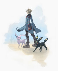 Rule 34 | 1boy, absurdres, blonde hair, blue coat, boots, coat, commentary, creatures (company), espeon, game freak, gen 2 pokemon, grey footwear, grey pants, highres, holding, holding poke ball, kazuko (towa), knee pads, long sleeves, looking to the side, male focus, nintendo, pants, poke ball, poke ball (basic), pokemon, pokemon (creature), pokemon colosseum, short hair, standing, umbreon, visor, wes (pokemon)