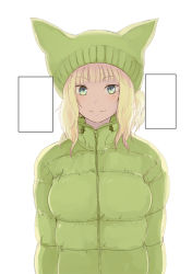 Rule 34 | 1girl, animal ears, batta (kanzume quality), blonde hair, blue eyes, blunt bangs, blush, closed mouth, coat, fox ears, fox girl, fox wife (batta (kanzume quality)), hat, long sleeves, looking at viewer, original, simple background, smile, solo, textless version, upper body, white background