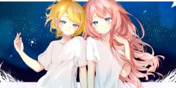 Rule 34 | 2girls, blonde hair, blue eyes, blush, closed mouth, commentary, half-closed eyes, hand up, highres, kagamine rin, light blush, long hair, looking at viewer, megurine luka, multiple girls, night, night sky, oyamada gamata, pink hair, shirt, short hair, short sleeves, side-by-side, sky, smile, star (sky), star (symbol), starry sky, t-shirt, upper body, v-neck, vocaloid, white shirt