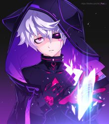 Rule 34 | 1boy, add (elsword), animal hood, black sclera, bodysuit, cat hood, colored sclera, colorized, elsword, expressionless, facial tattoo, gloves, hand on own chest, highres, hood, mad paradox (elsword), mismatched sclera, pixel (monorainy), purple eyes, shaded face, silver hair, simple background, tattoo, twitter username, aged down