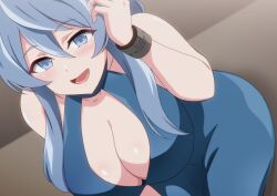 Rule 34 | 1girl, ako (blue archive), ako (dress) (blue archive), bell, blue archive, blue eyes, blue hair, blush, breasts, cleavage, hairband, hara (harayutaka), highres, large breasts, long hair, long sleeves, looking at viewer, neck bell, open mouth, sideless outfit, sideless shirt, solo, thighs
