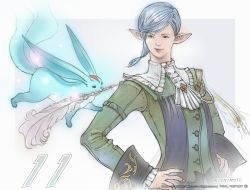 Rule 34 | 10s, 1girl, aiguillette, blue hair, braid, braided ponytail, carbuncle (final fantasy), copyright name, elezen, elf, final fantasy, final fantasy xiv, lips, lipstick, makeup, official art, pointy ears, quill, signature, single braid, watermark