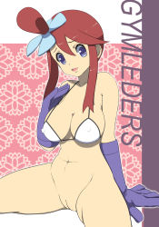 Rule 34 | 1girl, arm support, bikini, bikini top only, breasts, cleavage, cleft of venus, commentary request, creatures (company), game freak, gloves, gym leader, hair between eyes, hair ornament, hand up, highres, makoto daikichi, nintendo, one side up, outline, pokemon, pokemon bw, purple eyes, purple gloves, pussy, raised eyebrows, red hair, short hair with long locks, sidelocks, sitting, skyla (pokemon), solo, spread legs, swimsuit, white bikini