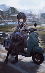 Rule 34 | 1girl, backlighting, black footwear, black gloves, black pantyhose, blue hair, blue skirt, building, closed mouth, coat, doren, film grain, gloves, grass, hair bun, helmet, highres, holding, knees together feet apart, looking at viewer, motor vehicle, mountainous horizon, multicolored clothes, multicolored scarf, outdoors, pantyhose, pleated skirt, railing, red eyes, road, scarf, scenery, scooter, shima rin, sidelocks, single hair bun, sitting, skirt, sky, snow, solo, striped clothes, striped scarf, swept bangs, tree, trench coat, utility pole, winter clothes, yurucamp