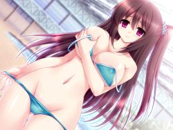 Rule 34 | 1girl, bare shoulders, bikini, blush, breasts, brown hair, character request, covering privates, covering breasts, dutch angle, embarrassed, groin, huge breasts, kyonyuu jk idol seiyuu ne tora re studio, lips, navel, off shoulder, panties, panty pull, pink eyes, ponytail, public indecency, shiny skin, side ponytail, solo, standing, swimsuit, thigh gap, tsukimori mihaya, underwear, zion (company)