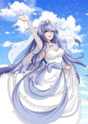 Rule 34 | 1girl, :d, absurdres, azur lane, blue bow, blue eyes, blue hair, blue sash, blue sky, blush, bow, breasts, bridal veil, cleavage, cloud, day, detached sleeves, dress, highres, large breasts, looking at viewer, new jersey (azur lane), open mouth, outdoors, petals, sash, sky, smile, solo, tiara, veil, wedding dress, white dress, white sleeves, wunahori