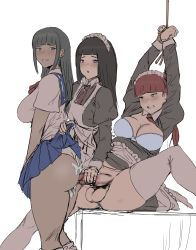 Rule 34 | 3girls, :o, absurdres, black hair, breasts, brown eyes, censored, clothes grab, clothes lift, cum, cum on ass, ear piercing, futa with female, futanari, highres, huge testicles, large breasts, large penis, looking at viewer, maid, maid headdress, medium breasts, mosaic censoring, multiple girls, open mouth, original, penis, piercing, purple eyes, red hair, restrained, rope, school uniform, simple background, skirt, skirt lift, testicles, white legwear, yukidaruma