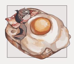 Rule 34 | 1boy, ahoge, bacon, black coat, black hair, border, bread, bread slice, closed eyes, coat, egg (food), fatalbug896, food, food focus, fried egg, highres, in food, lying, male focus, mini person, miniboy, nose bubble, on back, original, outside border, sandwich, short hair, simple background, sleeping, sleeves past fingers, sleeves past wrists, solo, sunny side up egg, under covers, white background, wille (fatalbug896)