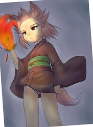 Rule 34 | 1girl, fire, japanese clothes, kimono, mepikari, panties, red eyes, short hair, solo, striped clothes, striped panties, tail, underwear