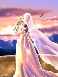 Rule 34 | 1girl, absurdres, backlighting, bald, bald girl, bouquet, breasts, bridal veil, commentary request, dress, dural, elbow gloves, flower, from behind, gloves, highres, ikeda tsukasa, long dress, looking at viewer, looking back, medium breasts, metal skin, mountainous horizon, no bra, no pupils, sega, solo, standing, strapless, strapless dress, sunset, veil, virtua fighter, wedding dress, white dress, white gloves