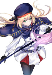 Rule 34 | 1girl, absurdres, artoria caster (fate), artoria caster (second ascension) (fate), artoria pendragon (fate), belt, black gloves, black pantyhose, black ribbon, blonde hair, blue capelet, breasts, buttons, capelet, closed mouth, commentary request, double-breasted, fate/grand order, fate (series), floating hair, gloves, green eyes, hair ribbon, hat, highres, holding, holding staff, jacket, long hair, long sleeves, looking at viewer, m.tokotsu, multicolored clothes, pantyhose, red skirt, ribbon, simple background, sketch, skirt, smile, solo, staff, twintails, white background, white jacket, white skirt