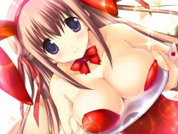 Rule 34 | 1girl, animal ears, blush, breast rest, breasts, breasts on tray, brown hair, carried breast rest, carrying, cleavage, fake animal ears, kiss to lord to darjeeling, large breasts, leotard, long hair, nanase yuuna, playboy bunny, rabbit ears, smile, solo, takanae kyourin, tray, upper body