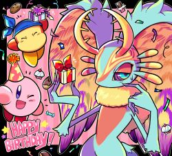 Rule 34 | antlers, bandana, bandana waddle dee, blue bandana, blushily, box, candy, chocolate, chocolate bar, closed eyes, colored skin, confetti, cookie, cupcake, fecto elfilis, food, gift, gift box, happy birthday, hat, highres, horns, kirby, kirby (series), kirby and the forgotten land, looking at viewer, multicolored eyes, nintendo, party hat, pink skin, smile, star (symbol), sweat, wing ears, yellow fur