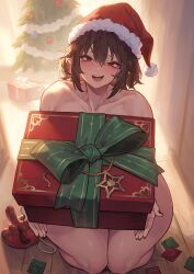 Rule 34 | 1girl, absurdres, bare shoulders, black hair, blush, box, christmas, christmas ornaments, christmas tree, collarbone, commentary request, condom, condom wrapper, fur-trimmed headwear, fur trim, gift, gift box, hair between eyes, hat, highres, joker (stjoker), looking at viewer, mask, multiple condoms, nude, open mouth, pointy ears, red eyes, santa hat, shameimaru aya, short hair, smile, solo, tengu mask, thighs, touhou