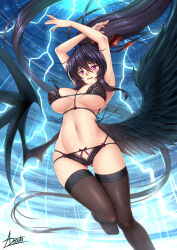 Rule 34 | 1girl, adsouto, armpits, arms up, asymmetrical wings, black bra, black feathers, black hair, black panties, black thighhighs, black wings, bra, breasts, breasts apart, commentary, demon girl, demon wings, english commentary, feathers, floating hair, flying, gluteal fold, hair ribbon, high ponytail, high school dxd, highres, himejima akeno, large breasts, large wings, lightning, lingerie, long hair, low wings, navel, panties, parted lips, ponytail, purple eyes, raised eyebrows, ribbon, sidelocks, skindentation, sky, solo, stomach, thighhighs, thighs, underwear, underwear only, very long hair, wings