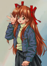 Rule 34 | 1990s (style), 1girl, :d, \||/, absurdres, arm at side, bell, blue eyes, blue jacket, blush, casual, commentary, cowboy shot, eyelashes, grey background, hair between eyes, hair ribbon, hand up, happy, highres, jacket, jingle bell, kanon, long hair, long ribbon, long sleeves, longmei er de tuzi, looking at viewer, open mouth, orange hair, red ribbon, retro artstyle, ribbon, sawatari makoto, shirt, sidelocks, simple background, smile, solo, standing, straight hair, two side up, very long hair, waving, wristband, yellow shirt