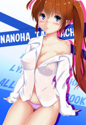 Rule 34 | 00s, 1girl, bare shoulders, blue eyes, blush, breasts, brown hair, character name, cleavage, covered erect nipples, dress shirt, gradient background, highres, long hair, lyrical nanoha, mahou shoujo lyrical nanoha strikers, no bra, off shoulder, p2 shino, panties, pink panties, see-through, shirt, side ponytail, sitting, solo, striped, striped background, takamachi nanoha, underwear