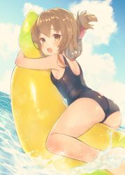 Rule 34 | 10s, 1girl, :o, ass, banana boat, bare legs, bare shoulders, barefoot, black one-piece swimsuit, blush, breasts, brown eyes, brown hair, day, folded ponytail, from behind, inazuma (kancolle), kantai collection, looking at viewer, looking back, hugging object, ocean, one-piece swimsuit, open mouth, outdoors, school swimsuit, short hair, sideboob, small breasts, solo, splashing, suzuho hotaru, swimsuit, water