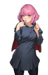 Rule 34 | 1girl, beeeeen, black dress, black pantyhose, blue eyes, bob cut, capelet, closed mouth, copyright request, cowboy shot, dress, empty eyes, finger to mouth, gundam, gundam zz, haman karn, hands up, highres, long sleeves, looking at viewer, no pupils, pantyhose, pink hair, pout, red capelet, short hair, simple background, solo, standing, zeta gundam