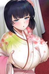 Rule 34 | 1girl, breasts, game cg, grabbing own breast, hanashiro haruka, hime cut, huge breasts, japanese clothes, kimono, nijigen kanojo, short hair, solo