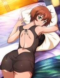 Rule 34 | 1girl, backless dress, backless outfit, bare arms, black dress, black panties, breast press, breasts, brown hair, chinkyuu koudai, closed mouth, dress, from above, green eyes, hair between eyes, ikkitousen, large breasts, looking at viewer, lying, nightgown, on bed, on stomach, panties, pillow, see-through, see-through dress, short dress, short hair, shoulder blades, sleepwear, sleeveless, sleeveless dress, smile, solo, underwear