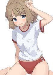 Rule 34 | 1girl, blue eyes, blunt bangs, blush, breasts, brown hair, buruma, dot nose, ebifu, eyelashes, gym uniform, hand on own head, highres, idolmaster, idolmaster million live!, idolmaster million live! theater days, looking at viewer, name tag, open mouth, parted bangs, red buruma, short hair, simple background, sitting, small breasts, solo, suou momoko, thighs, wariza, wavy hair, white background