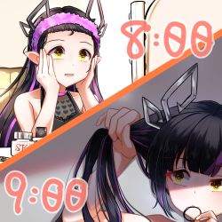Rule 34 | 1girl, adjusting hair, applying makeup, bangs pinned back, black hair, black shirt, blouse, blunt bangs, blush, breasts, cleavage, commentary request, dameyoshi, demon girl, demon horns, hair tie in mouth, heart, heart print, highres, horns, kojo anna, kojo anna (1st costume), long hair, mirror, mouth hold, multicolored hair, nanashi inc., open mouth, pointy ears, print shirt, purple hair, see-through, see-through cleavage, see-through shirt, shirt, sleeveless, sleeveless shirt, sugar lyric, two-tone hair, upper body, virtual youtuber, yellow eyes