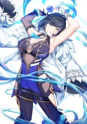 Rule 34 | 1girl, absurdres, armpits, arms up, black gloves, black thighhighs, blue dress, blue hair, bob cut, braid, breasts, cleavage, clothing cutout, diagonal bangs, dice, dress, elbow gloves, fingerless gloves, fur-trimmed jacket, fur trim, genshin impact, gloves, green eyes, highres, jacket, jacket on shoulders, large breasts, looking at viewer, mole, mole on breast, multicolored hair, neck tassel, open mouth, sengcreate, short hair, single elbow glove, sleeveless, sleeveless dress, smile, solo, thighhighs, twitter username, two-tone hair, water, white background, white gloves, white jacket, yelan (genshin impact)
