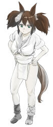 Rule 34 | 1girl, :/, animal ears, asymmetrical legwear, breasts, brown hair, commentary request, front-tie top, full body, fundoshi, green eyes, hands on own hips, highres, horse ears, horse girl, horse tail, inari one (umamusume), japanese clothes, large breasts, mismatched legwear, pelvic curtain, pout, sleeves rolled up, solo, tail, twintails, umamusume, uzuki noboru (denchuu shoujo), v-shaped eyebrows