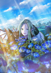Rule 34 | 1girl, absurdres, blue eyes, blurry, cloud, commentary request, copyright request, creature, depth of field, dragon wings, fang, field, film grain, flower, flower field, green eyes, green hair, heterochromia, highres, horns, light rays, long hair, looking at viewer, lying, morning glory, on stomach, open mouth, outdoors, pointy ears, sky, sunbeam, sunlight, syo5, wings