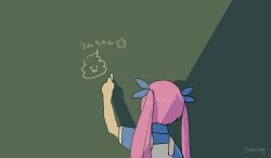Rule 34 | 1girl, apron, blue ribbon, blue shirt, chalk, chalkboard, commentary request, drawing (action), facing away, from behind, hair ribbon, hand up, holding, holding chalk, long hair, omega rio, omega sisters, pink hair, poop, ribbon, shade, shirt, smr omg, solo, translation request, twintails, twitter username, upper body, virtual youtuber, white apron