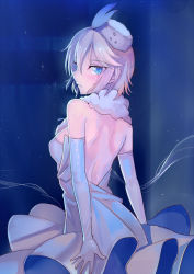 Rule 34 | 10s, 1girl, anastasia (idolmaster), bare back, bare shoulders, blue eyes, dress, elbow gloves, from behind, gloves, hat, idolmaster, idolmaster cinderella girls, looking at viewer, looking back, pure white memories, short hair, silver hair, solo, sparkle, walzrj