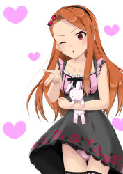Rule 34 | 1girl, absurdres, black dress, blowing kiss, bow, brown eyes, brown hair, cowboy shot, crotch seam, dress, floral print, gesture, gluteal fold, hair bow, hairband, highres, holding, holding stuffed toy, idolmaster, idolmaster (classic), idolmaster million live!, idolmaster million live! theater days, k-ya., kiss, lace, lace-trimmed panties, lace trim, long hair, looking at viewer, minase iori, one eye closed, open mouth, panties, pantyshot, pink panties, pink thighhighs, rabbit, red bow, short dress, sleeveless, sleeveless dress, solo, standing, stuffed animal, stuffed rabbit, stuffed toy, thigh gap, thighhighs, underwear, white background, wind, wind lift
