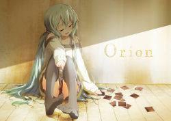 Rule 34 | 1girl, bare shoulders, black thighhighs, bun150, closed eyes, feet, green hair, hatsune miku, long hair, no shoes, open mouth, orion (vocaloid), photo (object), sitting, skirt, solo, sweater, tears, thighhighs, twintails, very long hair, vocaloid