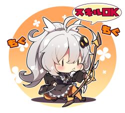 Rule 34 | 1girl, :t, antenna hair, black dress, black footwear, black jacket, blush, bow (weapon), breasts, brown eyes, chibi, closed mouth, collared shirt, commentary request, dress, floral background, full body, grey hair, hair between eyes, hair ornament, highres, holding, holding bow (weapon), holding weapon, jacket, kizuna akari, large breasts, long hair, long sleeves, looking to the side, milkpanda, open clothes, open jacket, orange background, orange pantyhose, pantyhose, ponytail, puffy long sleeves, puffy sleeves, shirt, shoes, sleeves past wrists, solid oval eyes, solo, star (symbol), striped clothes, striped pantyhose, translation request, two-tone background, vertical-striped clothes, vertical-striped pantyhose, very long hair, voiceroid, wavy mouth, weapon, white background, white shirt