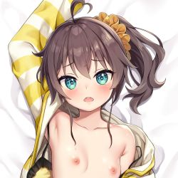 Rule 34 | 1girl, ahoge, ayaoshiro, bed sheet, blue eyes, blush, breasts, brown hair, furrowed brow, hair between eyes, heart, heart-shaped pupils, heart ahoge, highres, hololive, jacket, long sleeves, looking at viewer, lying, natsuiro matsuri, natsuiro matsuri (matsuri&#039;s day off), nipples, on back, scrunchie, side ponytail, small breasts, solo, striped clothes, striped jacket, symbol-shaped pupils, tan, tanline, unworn clothes, upper body, virtual youtuber, white jacket, yellow jacket, yellow scrunchie