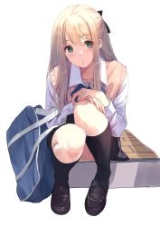 Rule 34 | 1girl, :o, bag, beige sweater vest, black socks, blonde hair, blue neckwear, blush, bow, brown sweater vest, caidychen, commentary, full body, green eyes, hair bow, hand on hand, hand on own knee, highres, kneehighs, knees together feet apart, loafers, long hair, long sleeves, looking at viewer, own hands together, panties, panty peek, school bag, school uniform, shirt, shoes, simple background, sitting, skirt, socks, solo, sweater vest, underwear, white background, white shirt