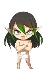 Rule 34 | 1boy, :d, barefoot, black hair, chibi, commentary request, crossed arms, eyeshadow, full body, fundoshi, gradient hair, green eyeshadow, green hair, green lips, hair between eyes, hanabatake chaika, highres, japanese clothes, lets0020, long bangs, long hair, looking at viewer, makeup, male focus, multicolored hair, muscular, muscular male, nijisanji, open mouth, pointy ears, sidelocks, simple background, smile, solo, standing, transparent background, yellow eyes